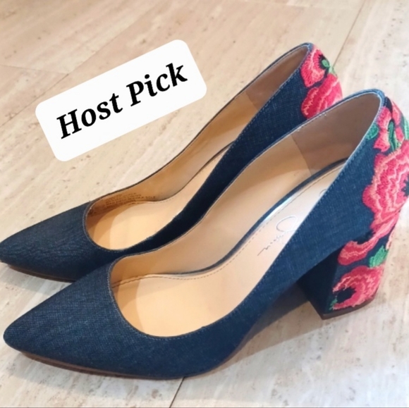 Jessica Simpson Shoes - Stunning Jessica Simpson Denim Blue Floral Heels